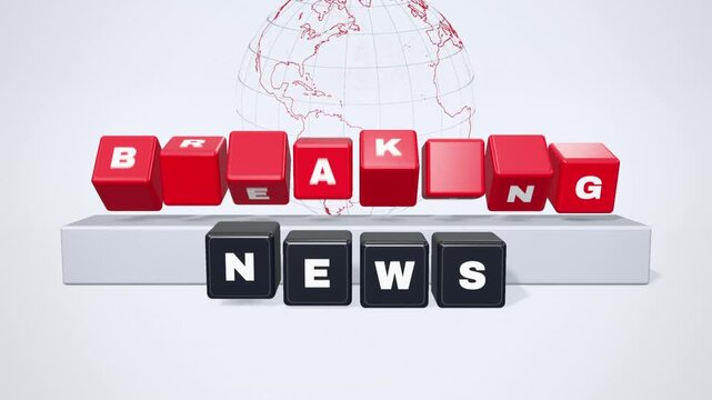 Breaking news 3D letter cubes drop onto a platform and flip in red and black over a world globe outline