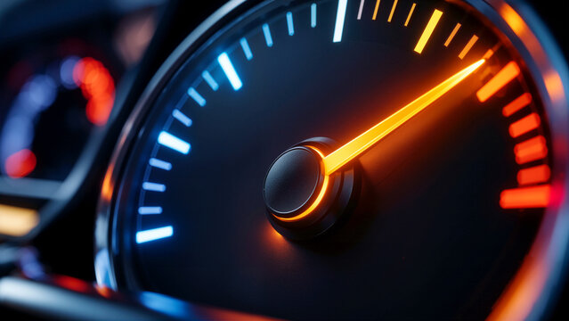 Close-up of illuminated modern car speedometer showing high speed acceleration with glowing orange needle on dashboard   