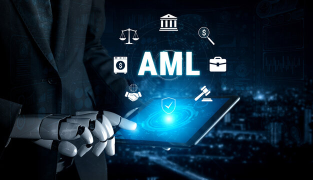 Futuristic Robot Hand Holding Tablet with AML Symbols Against Dark Background Representing Financial Compliance and Technology Solutions. Glyphic.