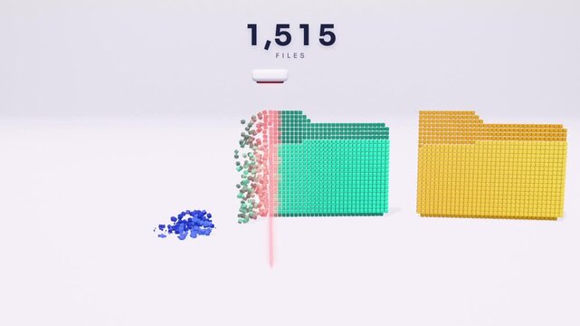 Pink laser scan dissolves blue, green and yellow folders into particles as a file counter drops to all clear