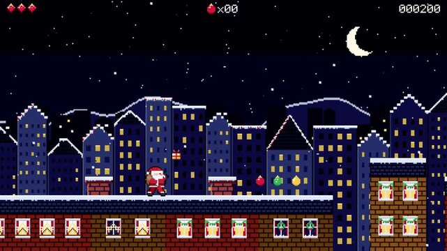Santa delivers gifts, retro pixel game, snowy rooftops, Merry Christmas
