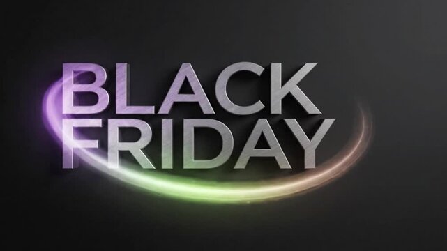 Seamless loop of metallic 3D Black Friday typography with glowing orbital light trail on dark minimal background