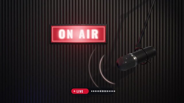 On air sign lights up red as a studio microphone swings in with sound waves and a live audio meter