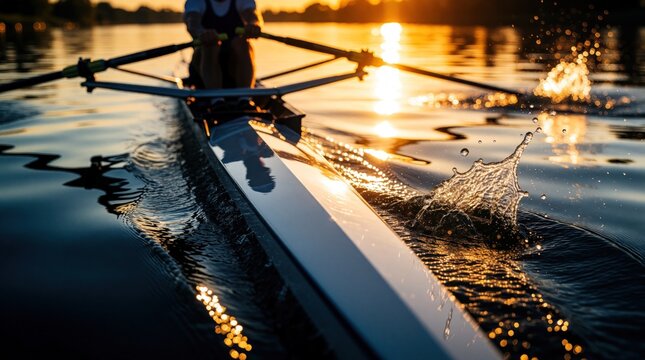 Athlete rows sculling boat on calm river during golden sunset. Strong rowing strokes create water splashes, ripples. Pro rower trains solo at evening for fitness, endurance. Peaceful outdoor sport