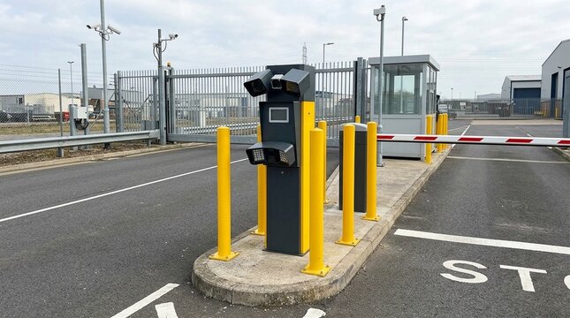 Yard Gate Scanner Post Reading License Plates Beside Truck Lane, Logistics Yard Security Technology