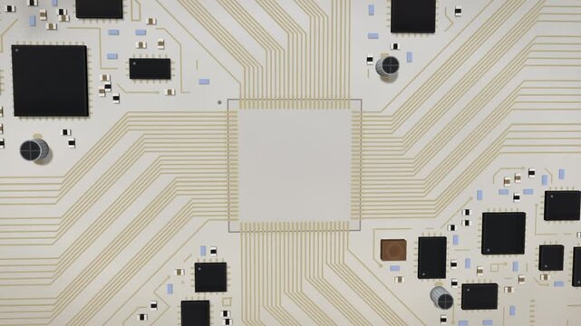 Electronic components drop onto a circuit board as a processor chip lands and gold traces light up
