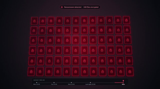 Ransomware encrypts a grid of file icons in red before a backup rollback restores all 248 files