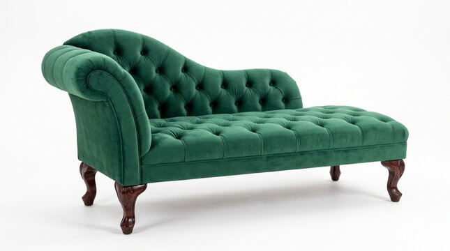 Green velvet chaise lounge with wooden legs on a white background