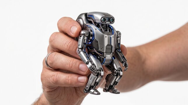 A hand holding a small metallic futuristic robot