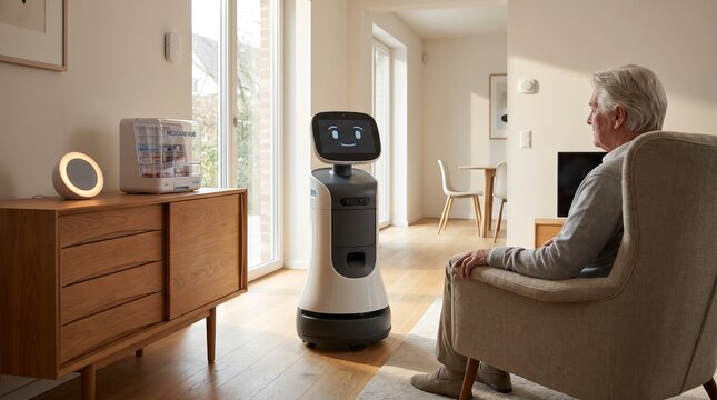 Robotic Home Assistant in a Modern Living Room with Automated Pill Dispenser and Voice Hub