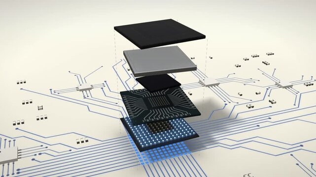 Exploded view of computer chip layers separating, lighting up blue and reassembling on white circuit board