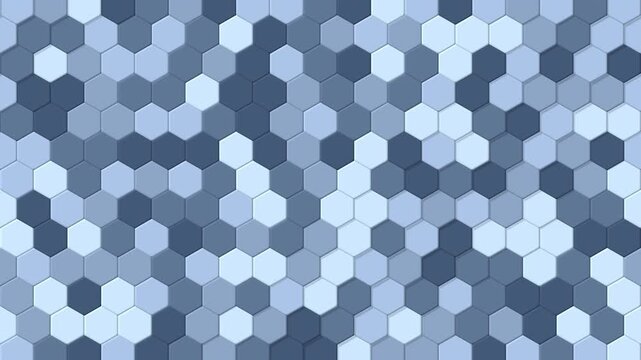 Blue and grey hexagonal tiles shifting color, abstract geometric digital background