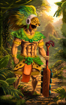 Guerrero Azteca - ilustraci&oacute;n basada en los antiguos aztecas, territorio de selva y bosques.