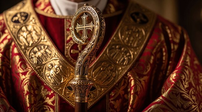 Close up of golden bishop crozier with cross ornament. Religious leader wears ornate red, gold liturgical vestments in church. Sacred staff symbol of authority, christian faith used in catholic