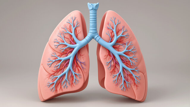 Human Lungs Anatomy 3D Illustration Showing Trachea Bronchi Bronchial Tree and Blood Vessels for Medical Respiratory Health Education
