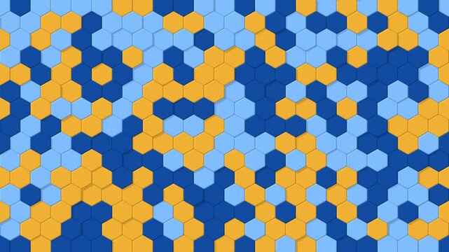 Hexagon pattern tiles shifting in height, geometric blue and yellow abstract background