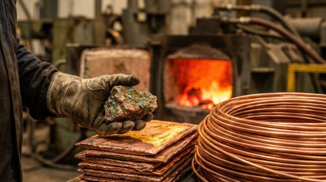 Miner hand holding raw copper ore beside copper cathodes, wire coils, and furnace glow