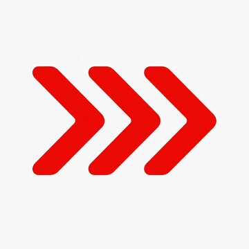 Three red forward arrows icon set on white background. Minimalist graphic design for web interface navigation. Triple chevron symbol points right to show progress, movement, next step fast action.