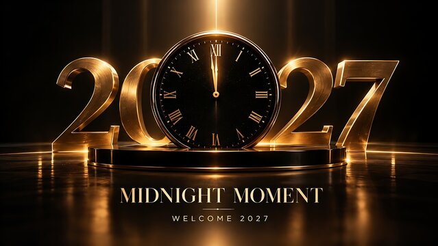 Elegant golden clock face design celebrating a 2027 happy new year midnight countdown event