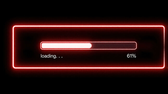 Digital loading bar shows sixty one percent progress on black background. Red neon frame contains white status indicator, loading text. Futuristic interface design for web apps tech software updates