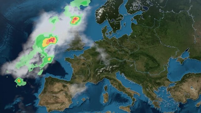 Weather forecast map of Europe, rain clouds and storm radar moving east as city temperatures appear