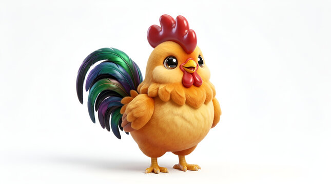 Cute chibi 3D rooster adorable fluffy cream yellow brown feathers big red comb green purple glossy tail large black shiny eyes yellow beak smiling standing proudly on clean white minimalist floor soft