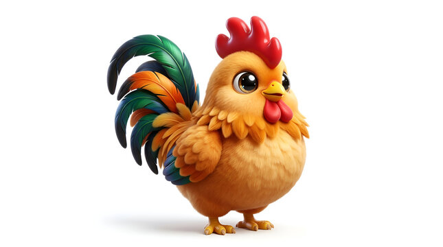 Cute chibi 3D rooster adorable fluffy cream yellow brown feathers big red comb green purple glossy tail large black shiny eyes yellow beak smiling standing proudly on clean white minimalist floor soft