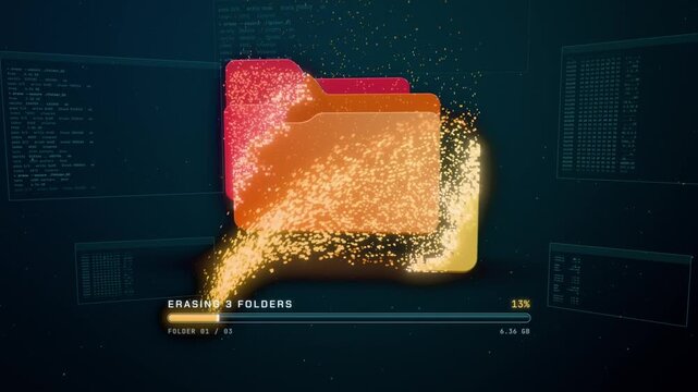 Data erasure animation, three file folders disintegrate into glowing particles as erasing progress bar fills