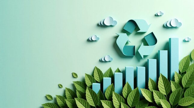 Circular economy concept with recycling symbol, rising bar chart. Green leaves, white clouds grow among blue eco bars. Sustainable waste management strategy promotes green growth, resource efficiency