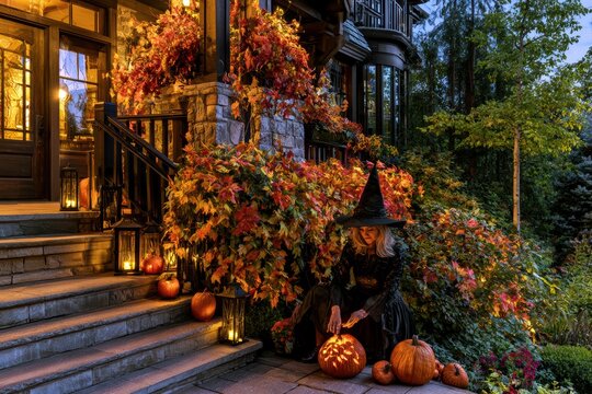 Elegant woman in black witch costume lights pumpkin on decorated porch at twilight
