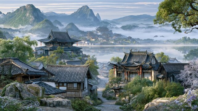 Traditional Chinese village in the morning mist with tiled roofs and narrow stone lanes