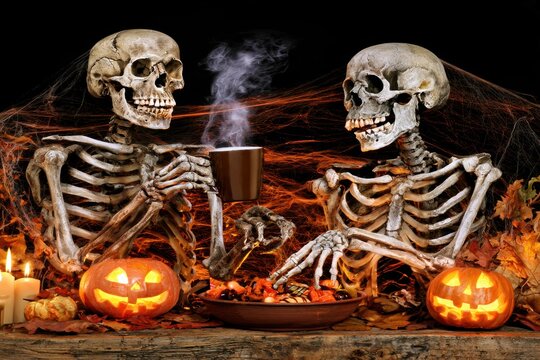 Skeletons enjoying a Halloween party with coffee and candy at a wooden table surrounded by pumpkins and decor