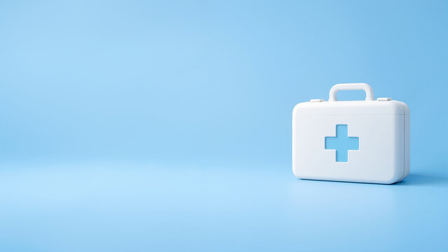 Minimal White First Aid Medical Kit Briefcase with Cross Icon on Blue Background with Copy Space for Healthcare, Emergency, and Medicine Concept