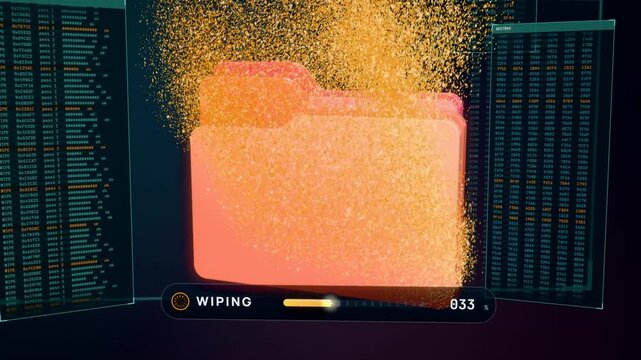 Folder wipe animation, single file folder dissolves into red particles until data is cleared 100 percent