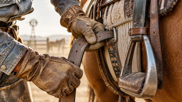 Cowboy adjusting leather saddle cinch and stirrup on ranch horse outdoors   