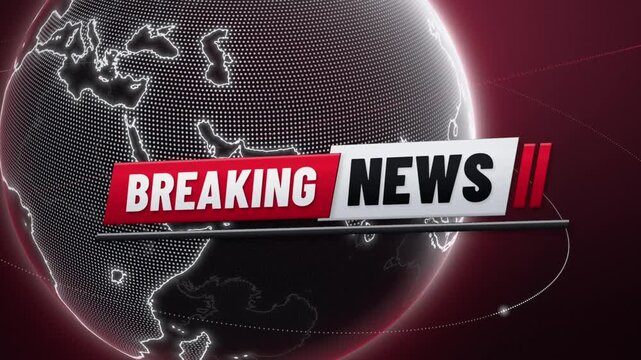 Breaking news title animation on rotating dotted world globe, red and white news intro graphic