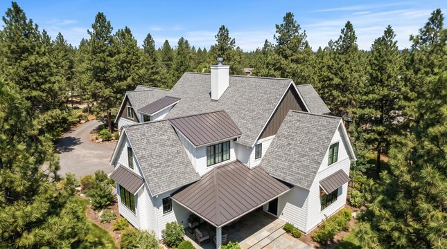 Sunny Daytime Drone Images of a Custom Home in the Final Stages of Construction. It Features a Roof With Architectural Asphalt Shingles and Standing Seam Accents.