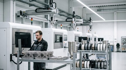 Fototapeta premium Technician monitoring industrial additive manufacturing printers with titanium lattice parts, powder hoppers, and filament spools in a modern production hall.
