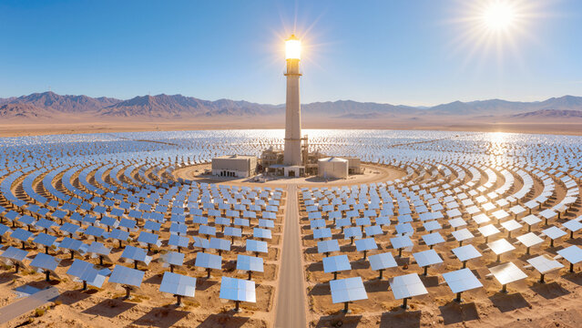Concentrated solar power plant with central tower receiver and heliostat mirror field in desert under bright sun   