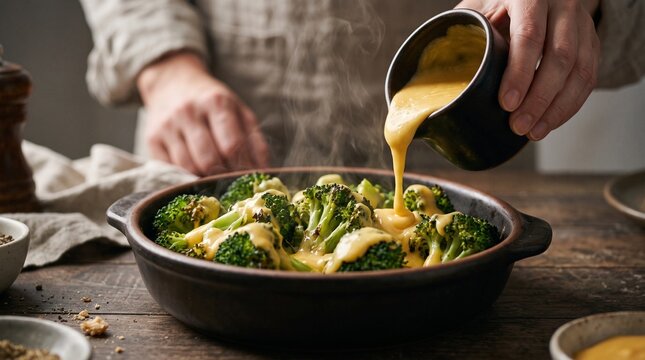 cooked broccoli topped with flowing melted cheddar cheese dish
