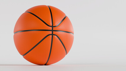 3D render of a tilted orange basketball showcasing textured grip and black seams on a bright neutral background. Sports gear asset. © Fabricio