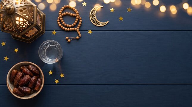 Ramadan flat lay with glowing brass lantern, wooden prayer beads, golden crescent moon, bowl of dates and glass of water on dark blue wooden table