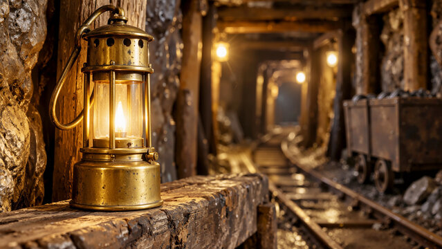 Vintage Brass Miner Lantern Glowing in Dark Underground Mine Tunnel with Railway Tracks and Ore Cart
