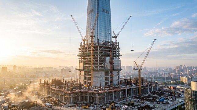 Aerial View of a Modern Skyscraper Under Construction at Sunrise with Tower Cranes and City Skyline