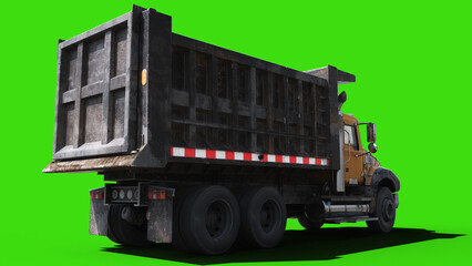 Heavy Dusty Construction Dump Truck Driving on Green Screen, Animated Wheels and Movement, Industrial Transport Vehicle. 3d rendering © 3D motion