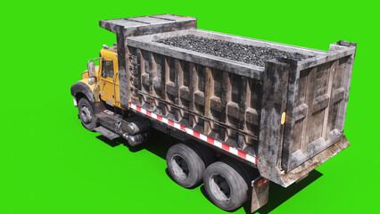 Heavy Dusty Construction Dump Truck Driving on Green Screen, Animated Wheels and Movement, Industrial Transport Vehicle. 3d rendering © 3D motion