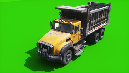 Heavy Dusty Construction Dump Truck Driving on Green Screen, Animated Wheels and Movement, Industrial Transport Vehicle. 3d rendering © 3D motion