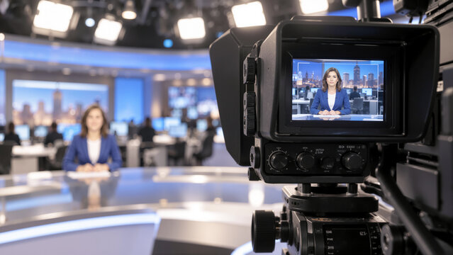 Female News Anchor Presenting Live Breaking News in Modern Television Broadcast Studio Seen Through Video Camera Monitor Screen
