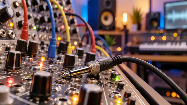 Modular Synthesizer Audio Cable Jack Plugged into Patch Panel in Music Recording Studio