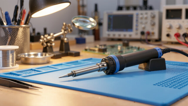 Electric Soldering Iron on Heat Resistant Silicone Work Mat with PCB Circuit Board and Lab Equipment at Electronics Repair Workshop